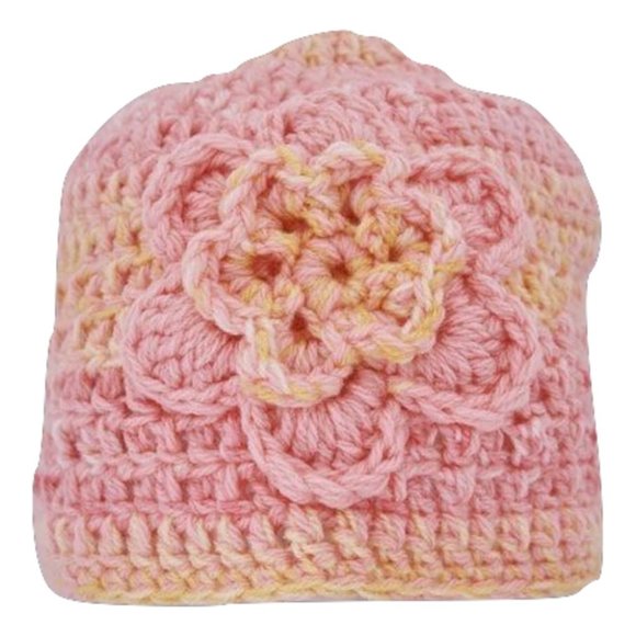 Women’s Homemade Hand Crocheted Pink & Yellow Flower Beanie Winter Hat - Picture 2 of 2